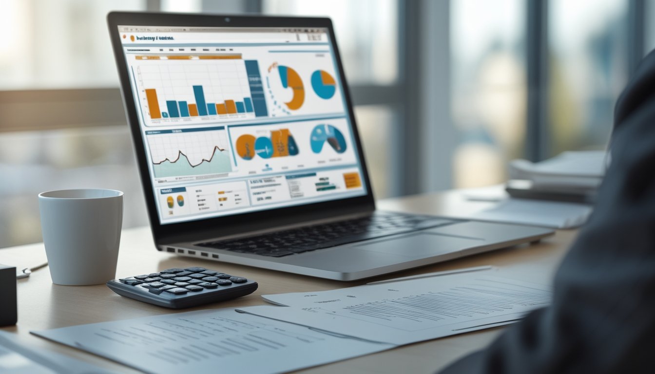 Meja kerja dengan laptop yang menampilkan grafik statistik togel, dokumen, kalkulator, dan secangkir kopi di ruang kantor yang terang.