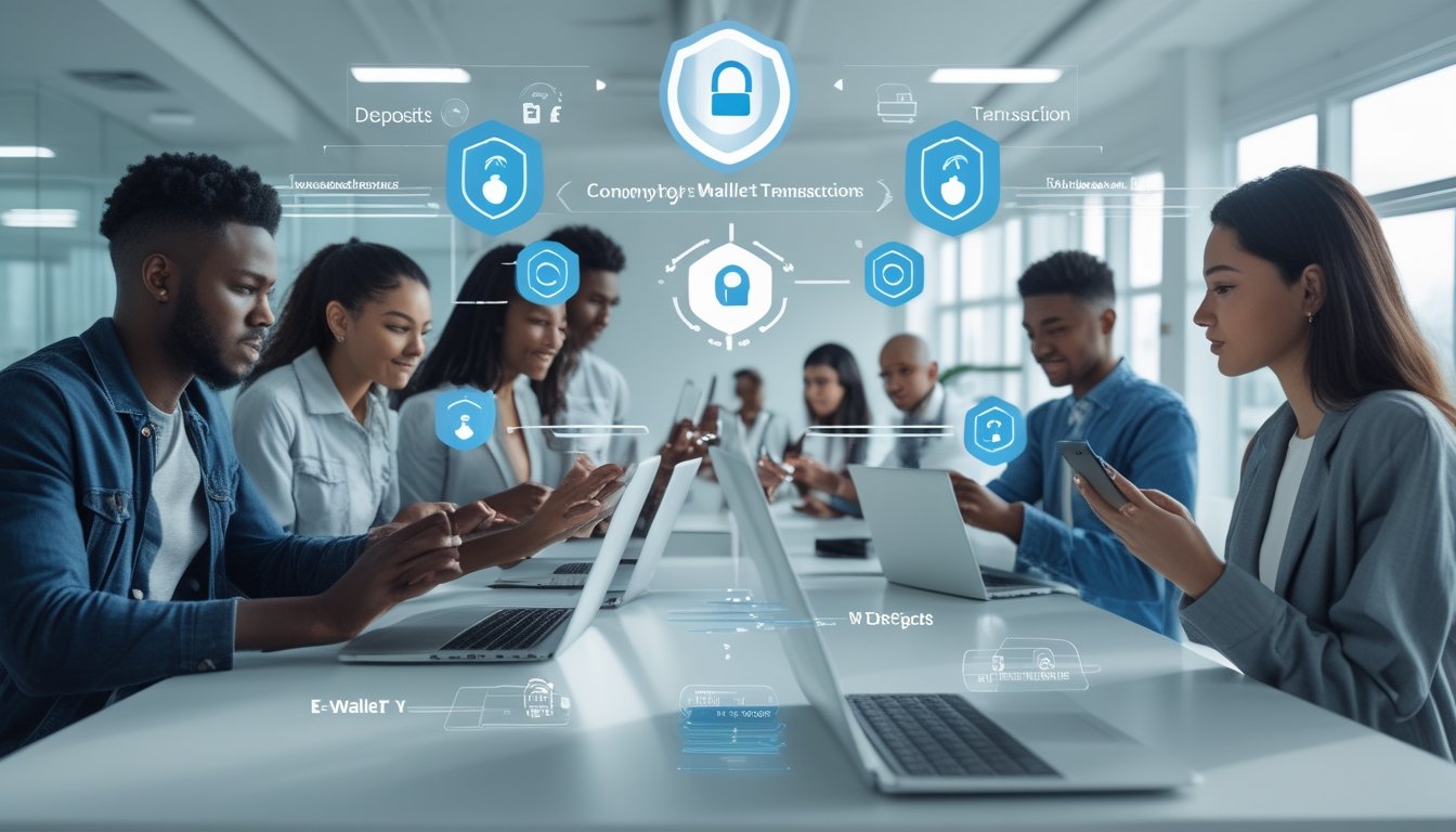Beberapa orang muda menggunakan ponsel dan laptop dalam ruangan kantor modern untuk melakukan transaksi e-wallet dengan suasana aman dan terpercaya.