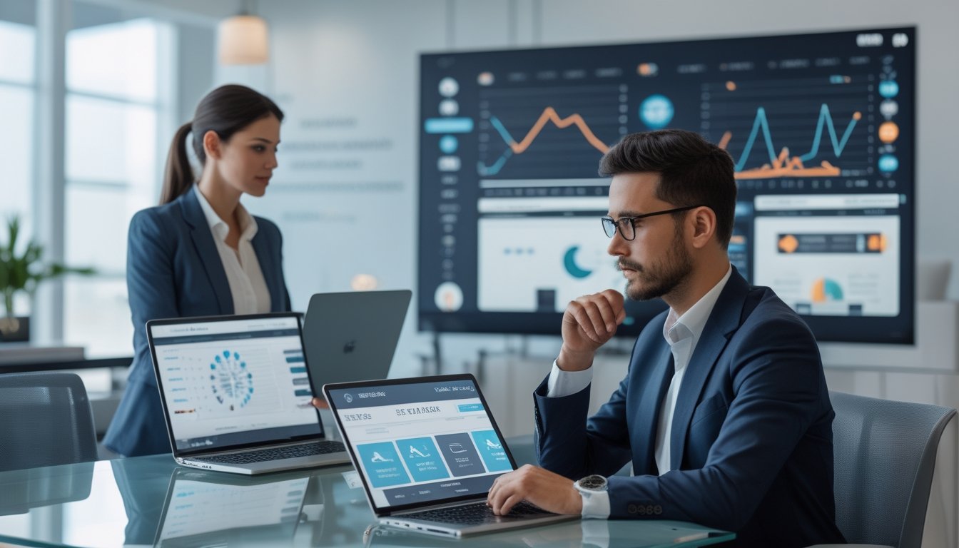 Dua profesional sedang menganalisis data di kantor modern dengan perangkat digital dan grafik di layar besar.
