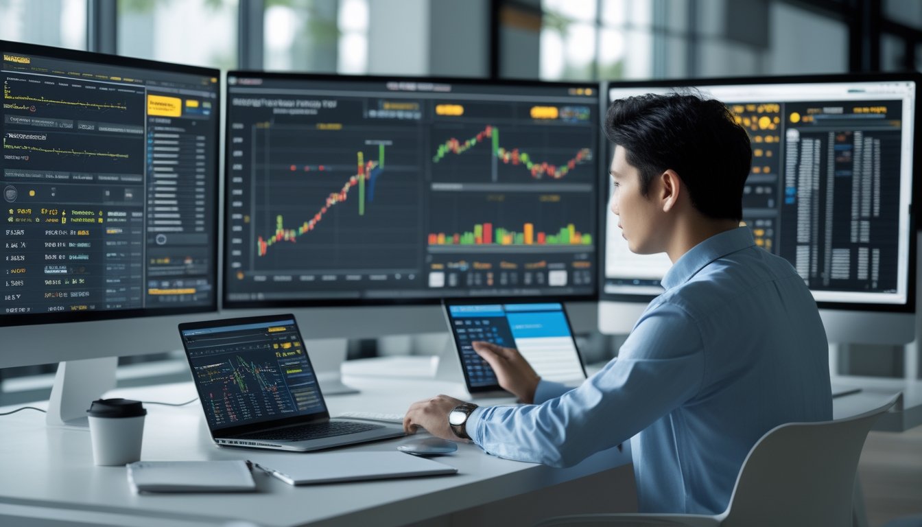 Seseorang sedang bekerja di depan beberapa layar komputer yang menampilkan grafik dan data prediksi togel tahun 2026 di sebuah kantor modern.