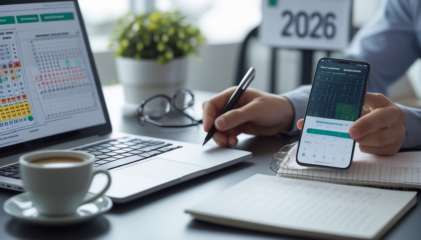 Meja kerja dengan laptop, catatan, dan smartphone yang menampilkan data dan prediksi togel, suasana fokus dan teratur.