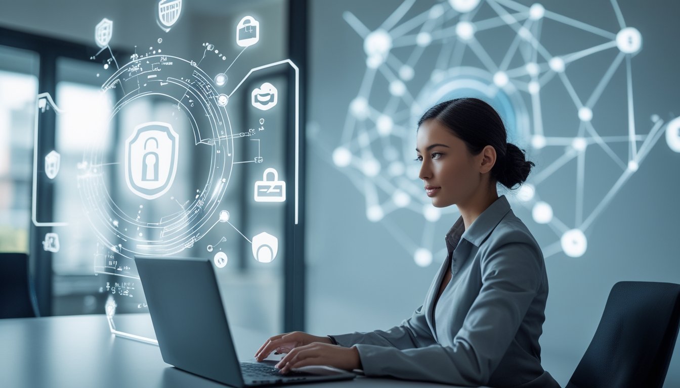 Seorang profesional IT wanita bekerja di depan laptop dengan ikon keamanan data digital di sekitarnya dalam lingkungan kantor modern.