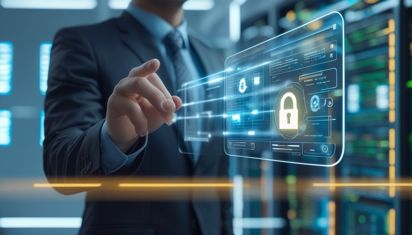 Seorang profesional menggunakan layar sentuh transparan dengan ikon keamanan data dan latar belakang ruang server futuristik.