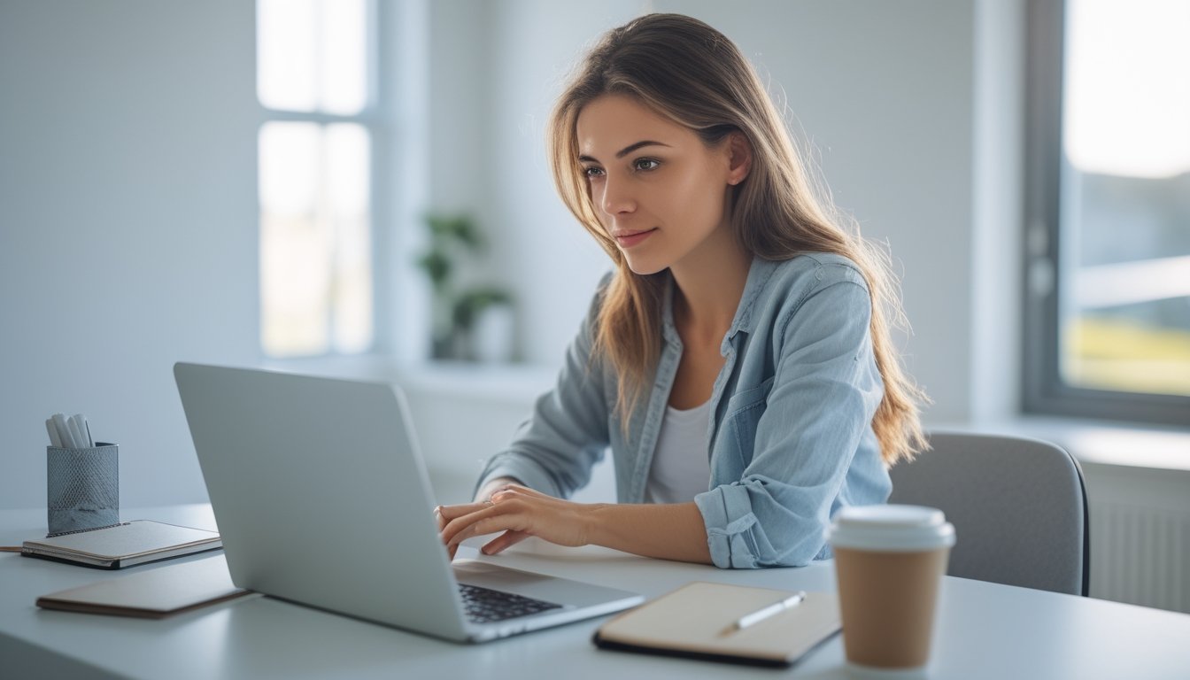 Seorang wanita muda duduk di meja kerja dengan laptop, terlihat fokus dan memikirkan solusi masalah login.