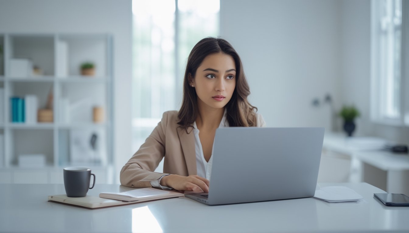 Seorang wanita muda duduk di meja dengan laptop, terlihat fokus dan sedikit khawatir saat mencoba mengatasi masalah login.