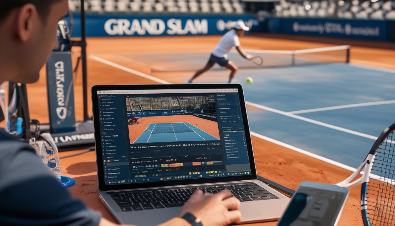 Seorang analis olahraga sedang memeriksa data pemain tenis di samping lapangan tanah liat saat seorang pemain melakukan pukulan forehand.