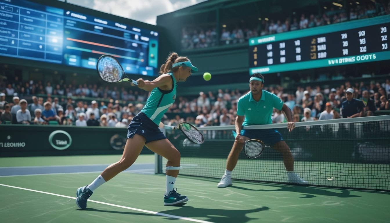 Dua pemain tenis sedang bertanding di lapangan luar ruangan dengan penonton yang menonton, menampilkan momen intens dalam pertandingan tenis.