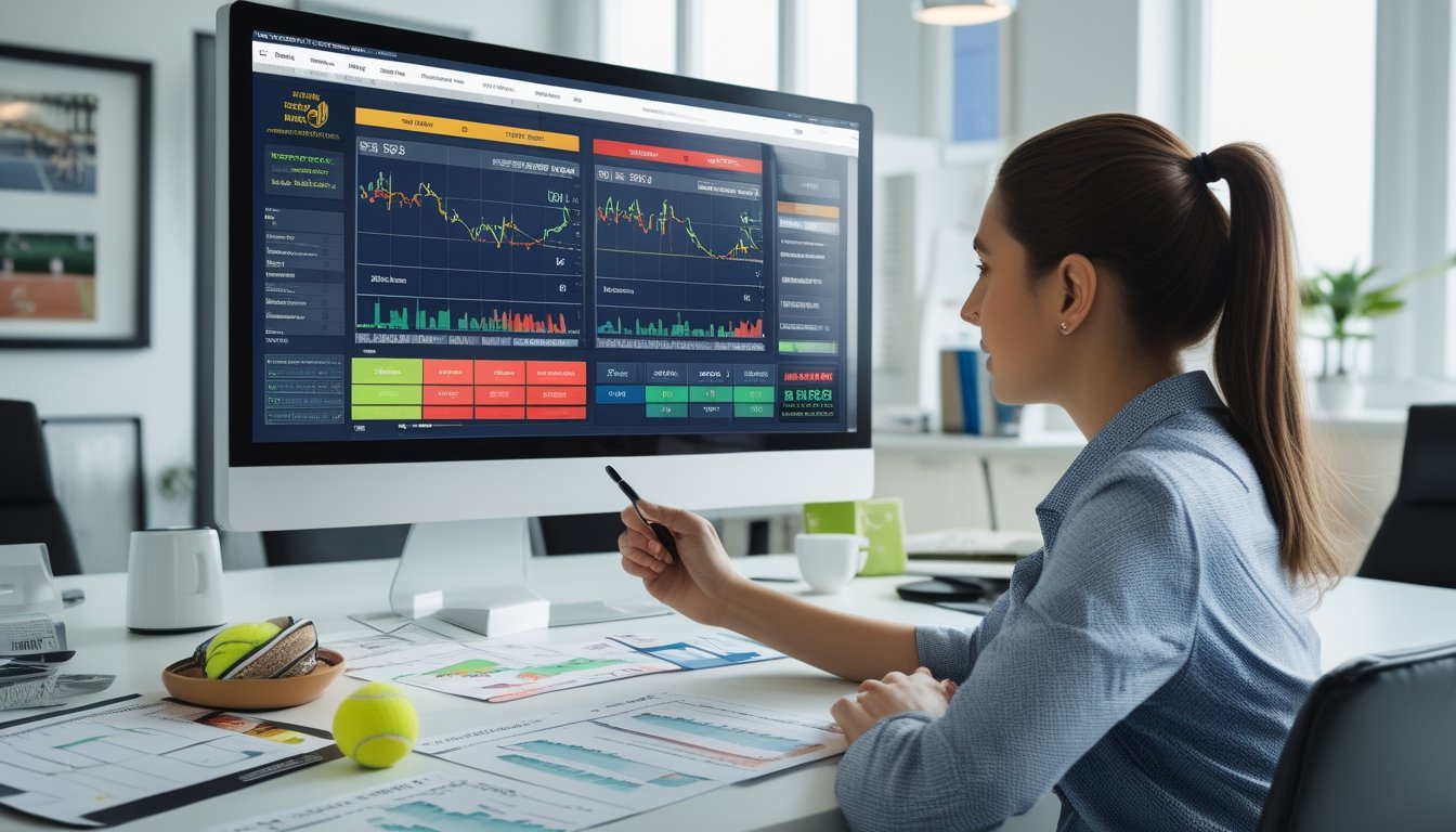 Seseorang sedang menganalisis statistik tenis head-to-head di depan komputer dengan grafik dan data, di meja terdapat bola tenis dan dokumen statistik.