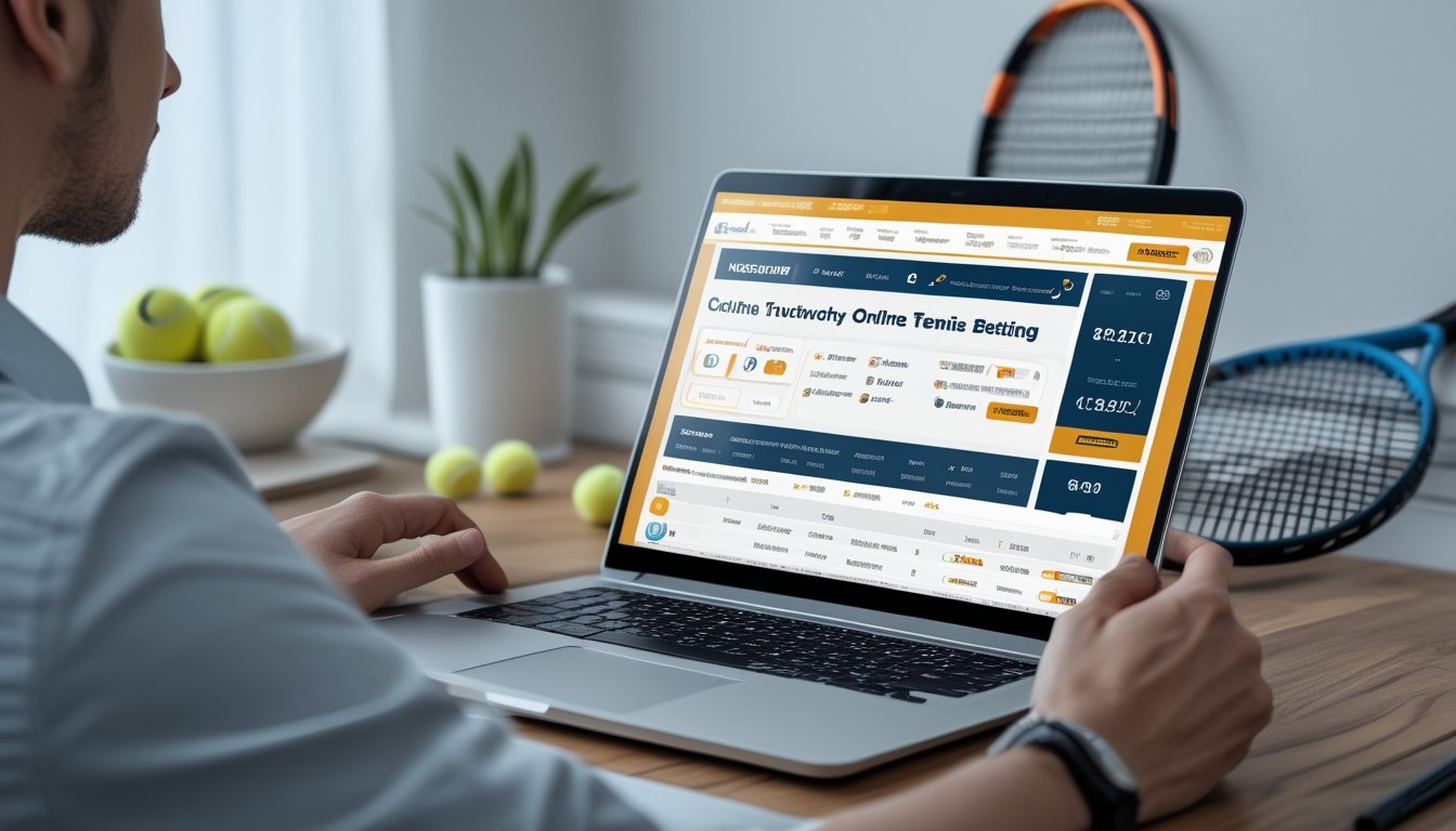 Seseorang sedang memilih situs taruhan tenis terpercaya menggunakan laptop di meja kerja yang rapi dengan raket dan bola tenis di persahabatan.