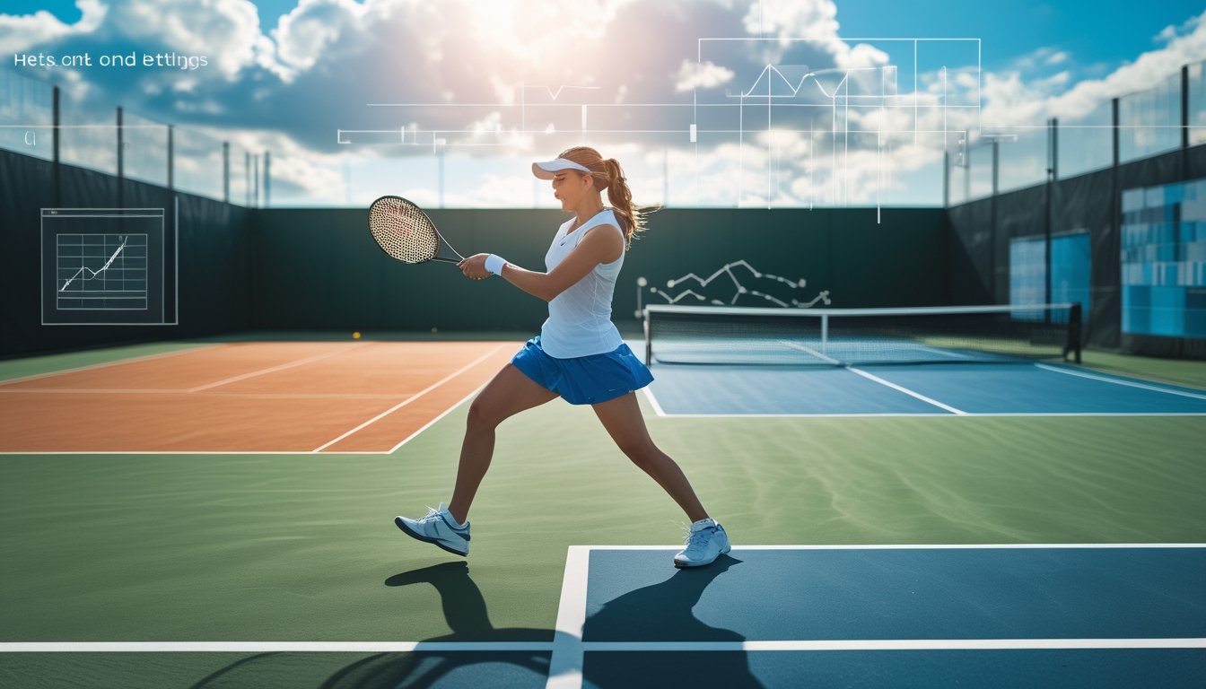 Seorang pemain tenis sedang memukul bola di lapangan tenis luar ruangan dengan berbagai jenis permukaan lapangan dan cuaca cerah berawan.