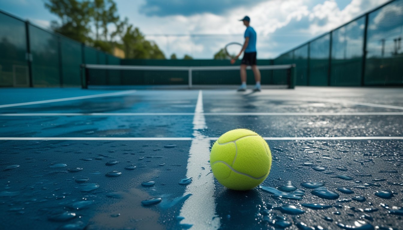 Lapangan tenis dengan bola tenis di permukaan setengah basah dan setengah kering, pemain sedang bersiap melakukan servis di latar belakang dengan langit cerah dan berawan.