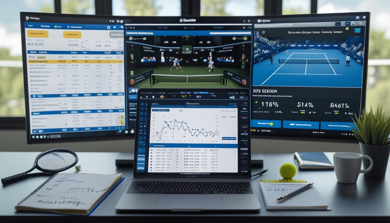 Seorang analis olahraga sedang bekerja dengan beberapa layar yang menampilkan statistik pertandingan tenis dan grafik taruhan di ruang kerja yang terang.