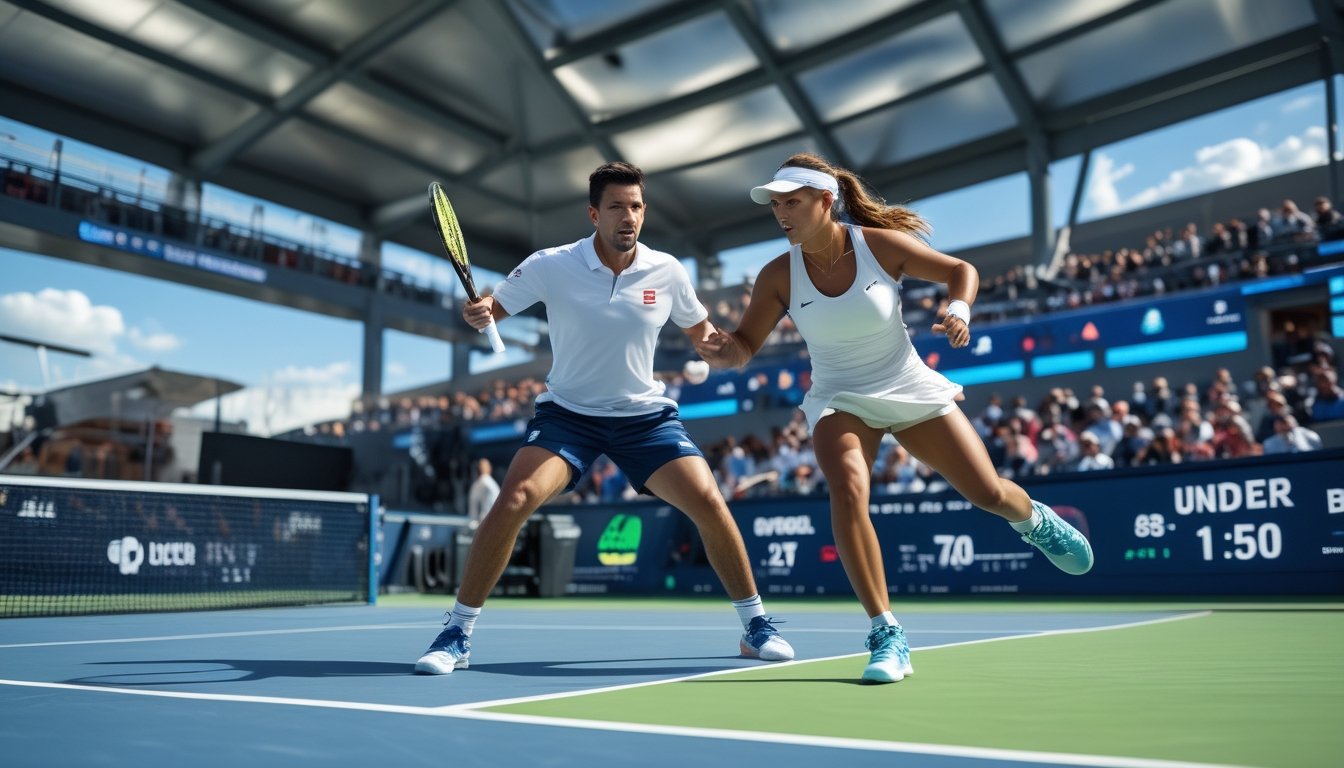 Dua pemain tenis pria dan wanita sedang bertanding di lapangan outdoor dengan penonton di latar belakang.