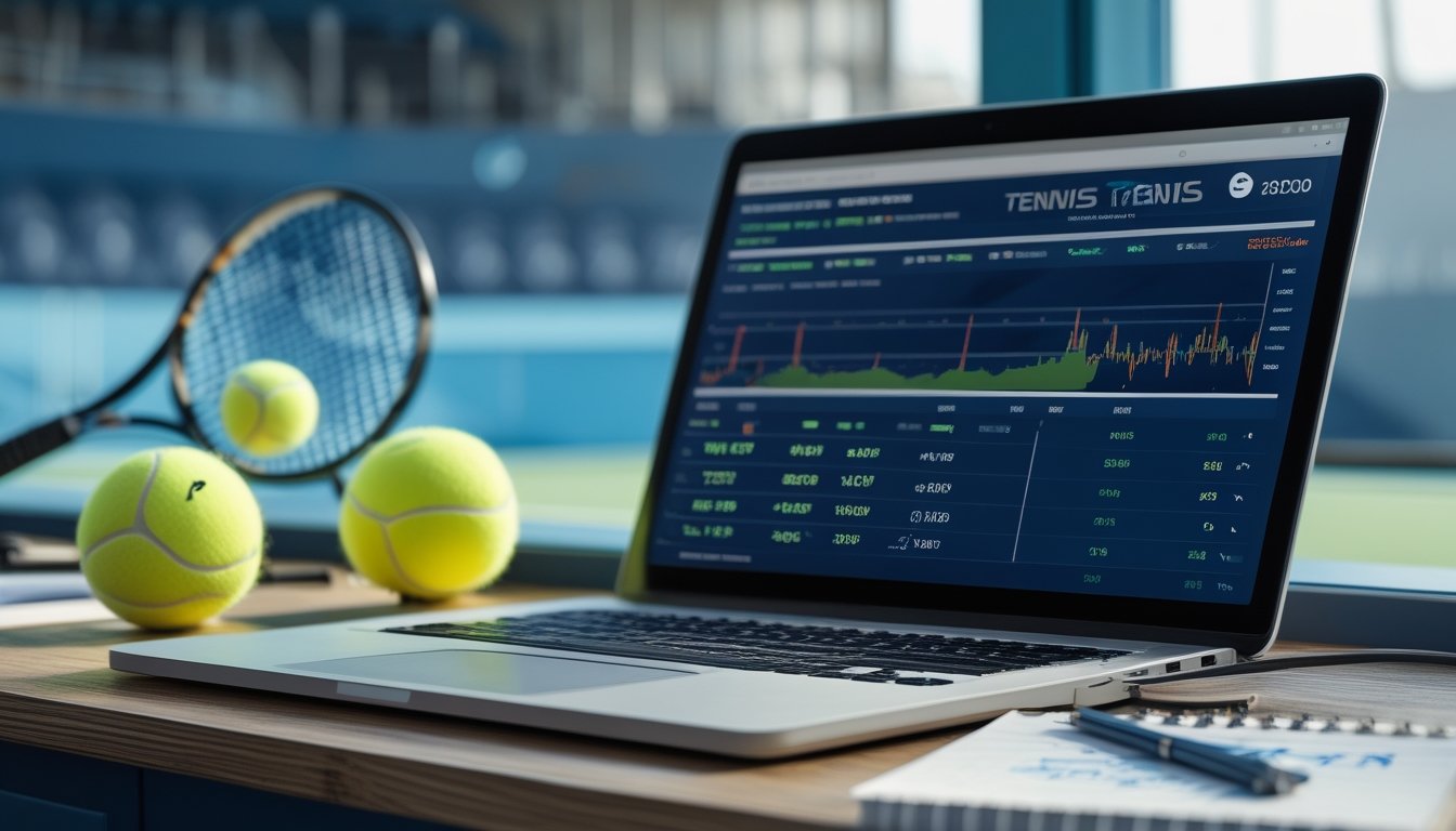 Meja kerja dengan laptop menampilkan statistik tenis dan alat tenis seperti bola dan raket di sampingnya.