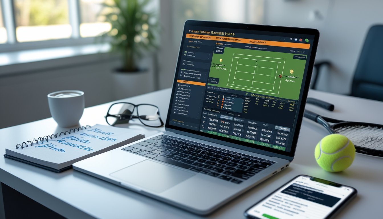 Meja kerja dengan laptop menampilkan pertandingan tenis dan catatan tentang taruhan handicap dan total game, dikelilingi bola tenis, raket, dan ponsel dengan aplikasi taruhan.