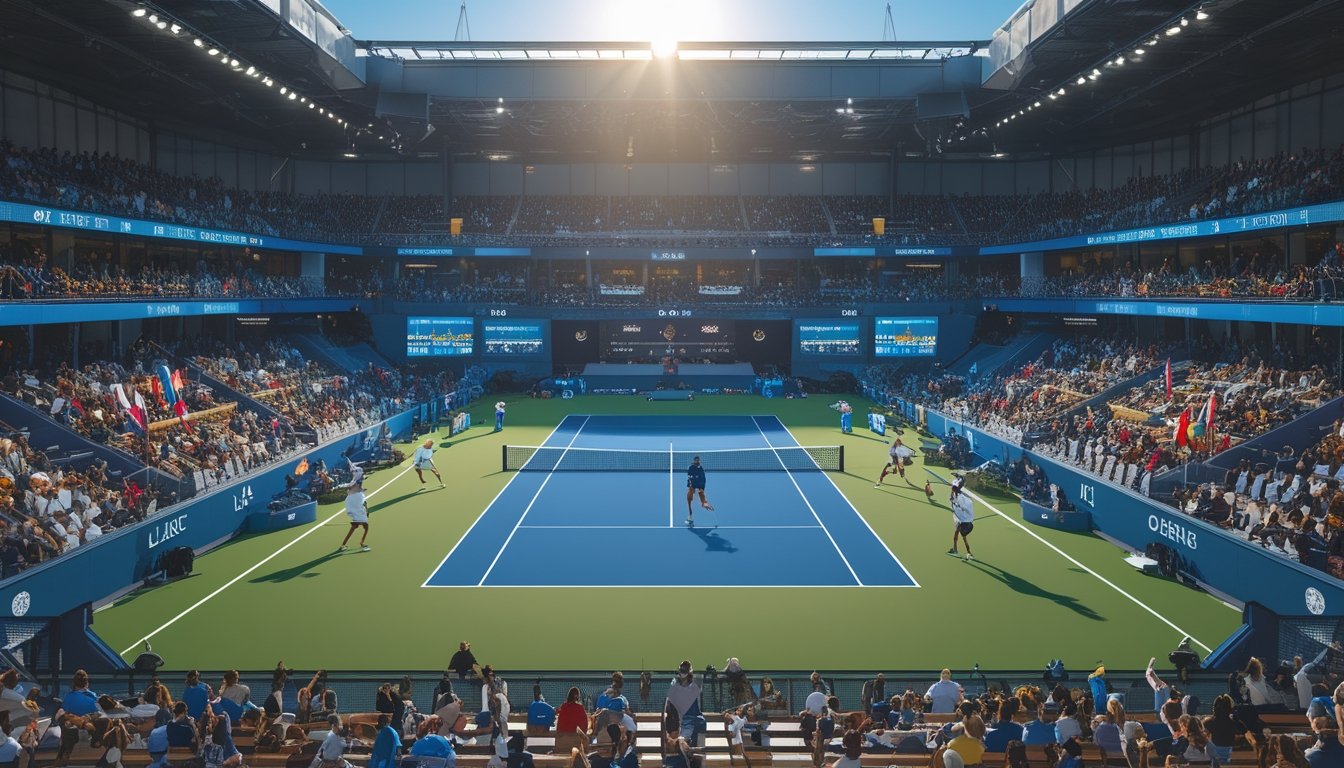 Lapangan tenis internasional dengan pemain yang sedang bertanding di depan penonton ramai di stadion.