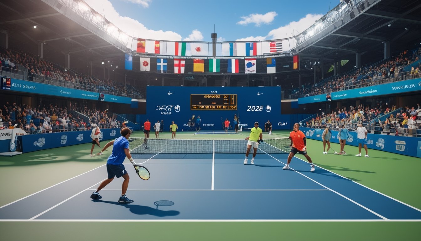 Adegan pertandingan tenis internasional di lapangan terbuka dengan pemain yang sedang bermain dan penonton di stadion.