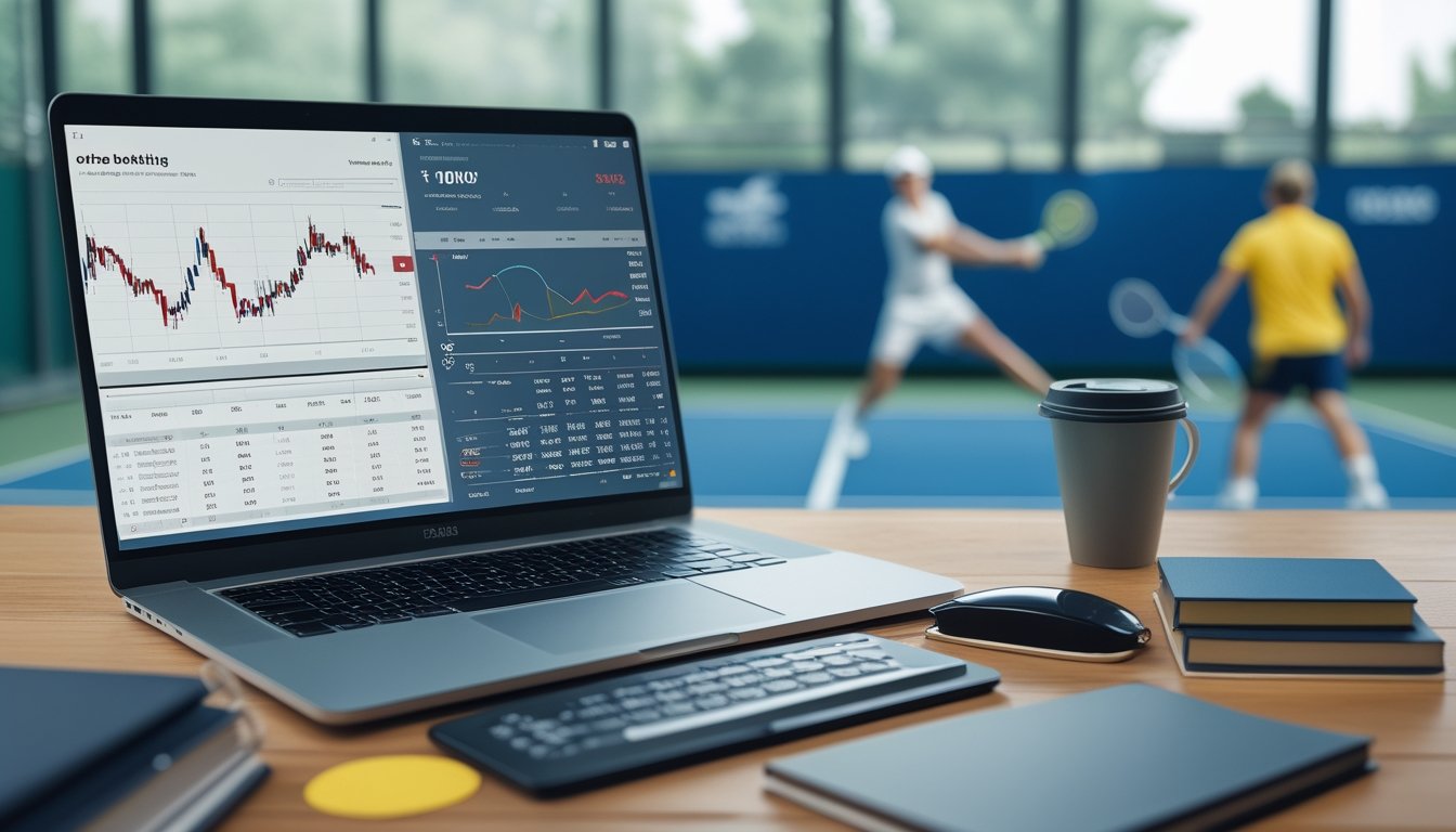 Meja kerja dengan laptop yang menampilkan grafik keuangan dan statistik tenis, di dekatnya ada buku catatan, kalkulator, dan secangkir kopi, dengan lapangan tenis dan pemain yang sedang melakukan servis terlihat di latar belakang.