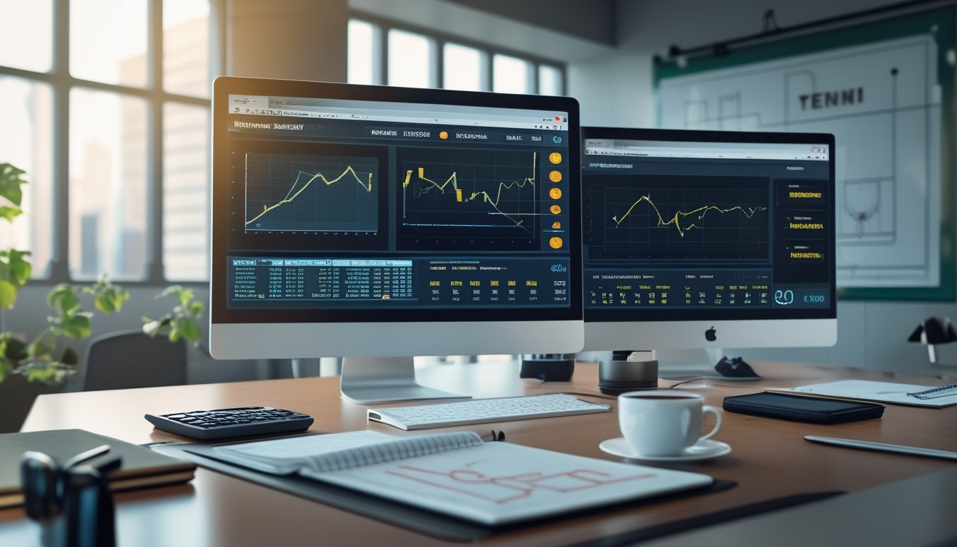 Seorang profesional sedang menganalisis data keuangan di kantor dengan layar komputer yang menampilkan grafik dan ikon tenis.