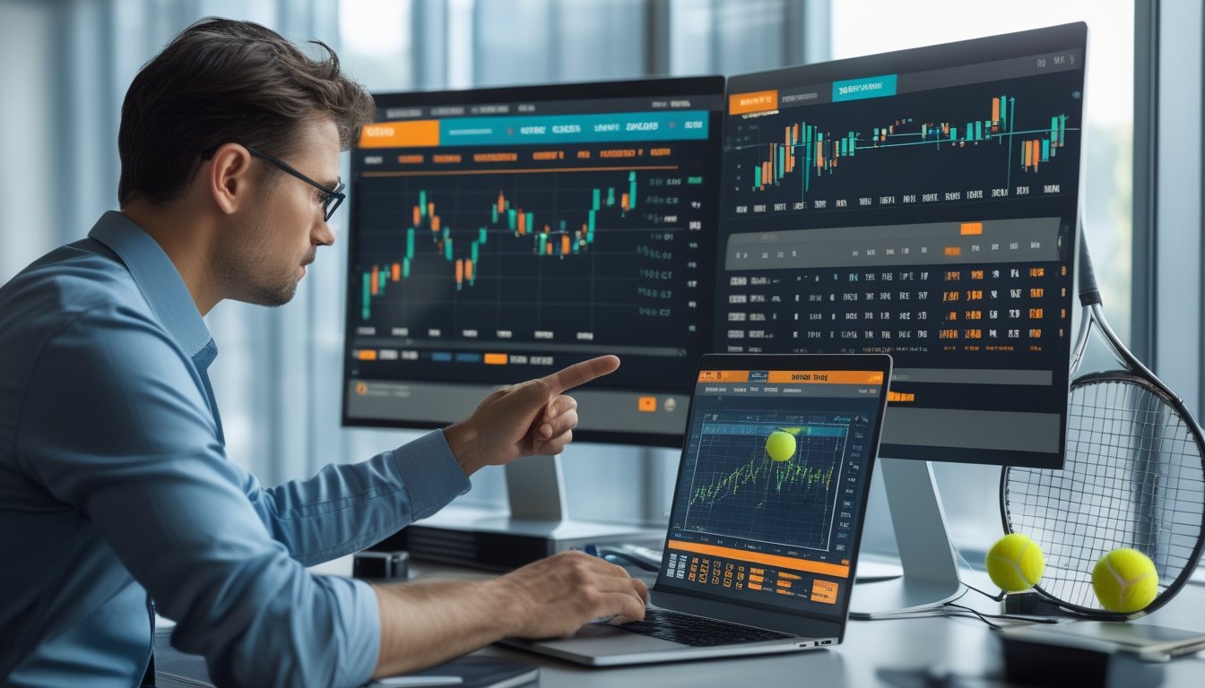 Seorang analis olahraga sedang melihat layar komputer dengan data dan grafik taruhan tenis profesional di sebuah kantor modern.