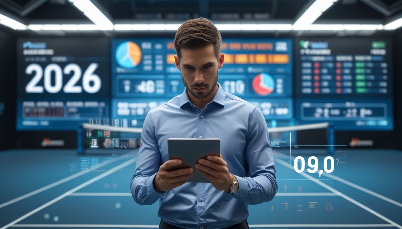 Seorang analis olahraga sedang memeriksa data dan peluang taruhan tenis di tablet di dekat lapangan tenis profesional.