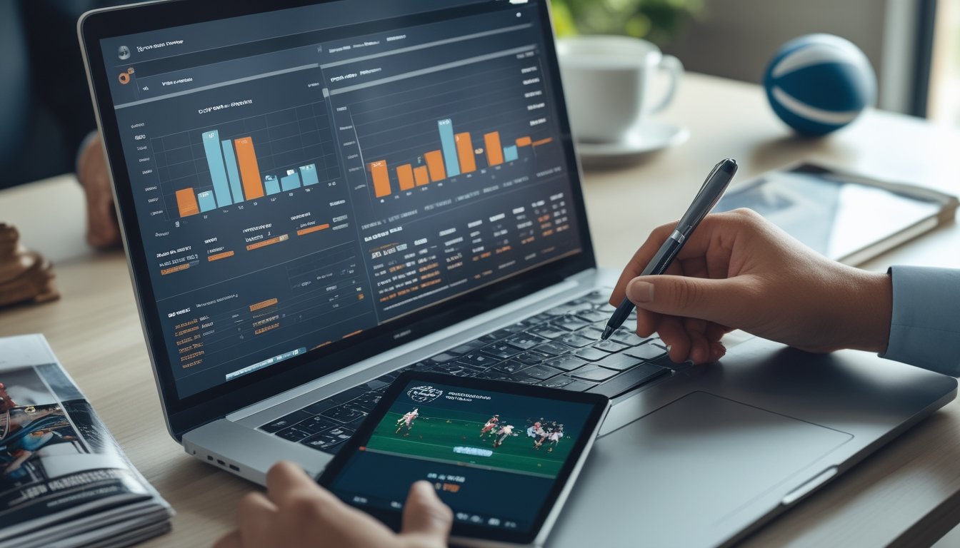 Seseorang sedang menganalisis data taruhan olahraga rugby di meja kerja dengan laptop, tablet, bola rugby, dan alat tulis.