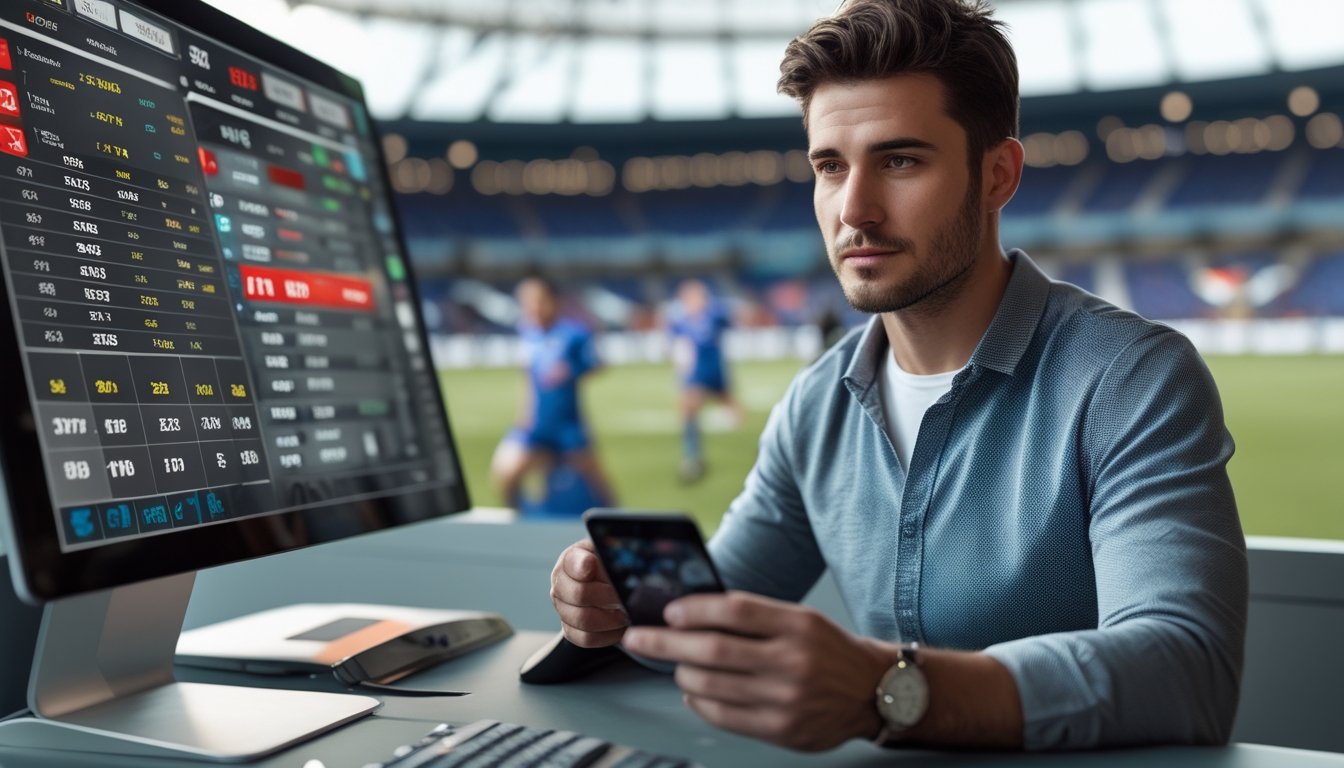 Seorang pria sedang melihat layar digital dengan informasi taruhan rugby, dengan latar belakang stadion rugby dan pemain yang sedang bermain.