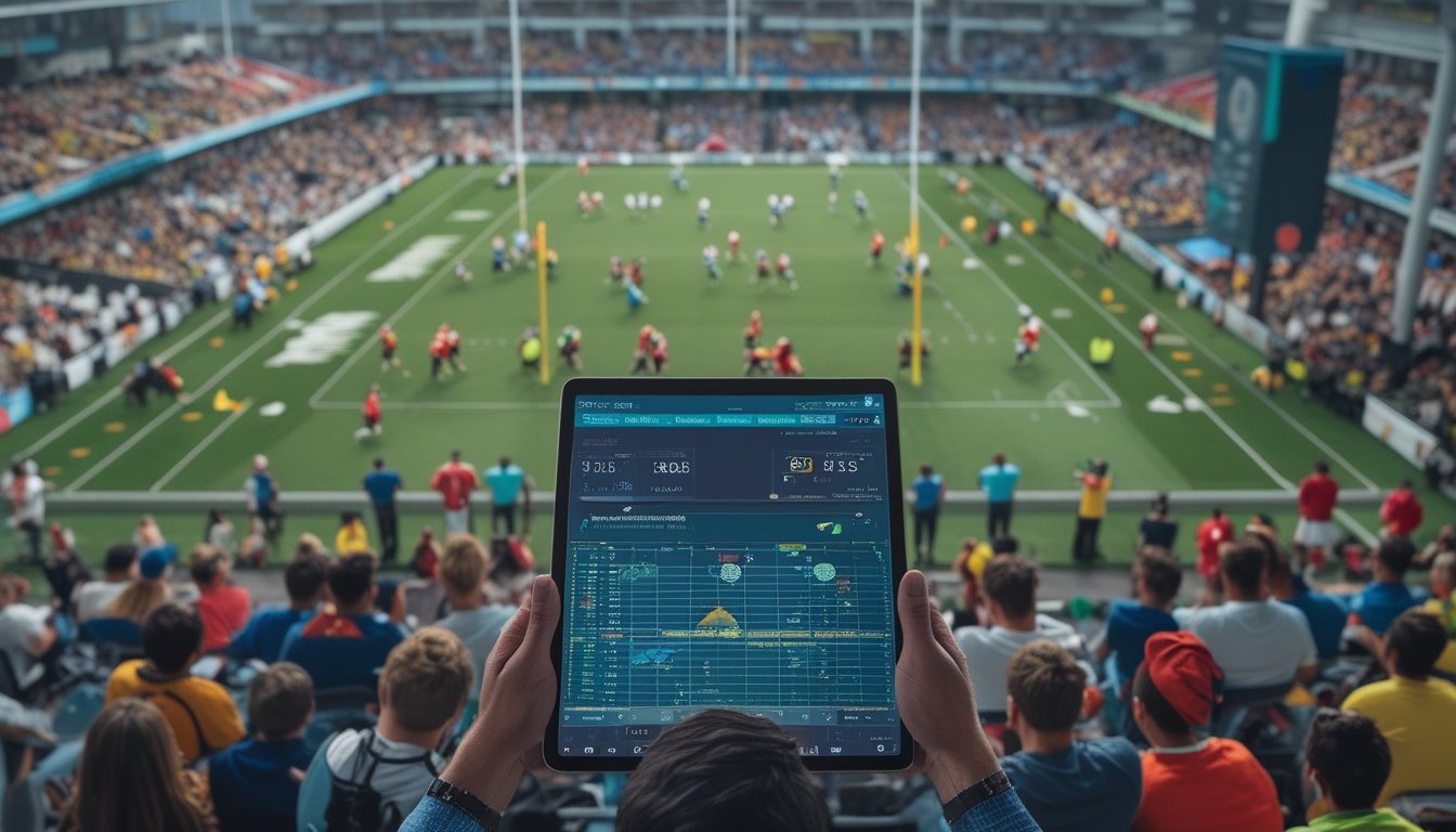 Suasana pertandingan rugby internasional di stadion besar dengan pemain yang sedang bertanding dan seorang analis olahraga yang memeriksa data taruhan.