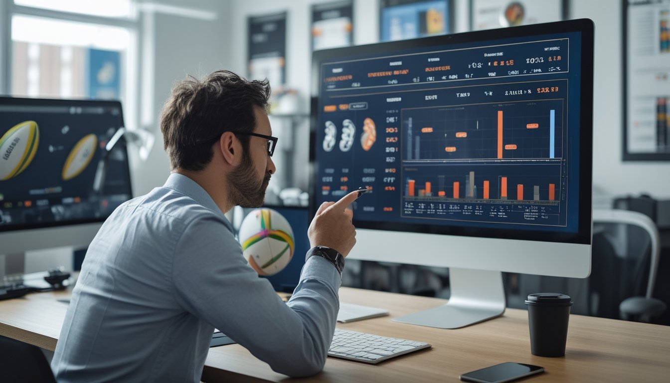 Seorang profesional sedang menganalisis data statistik tim rugby di depan layar komputer di sebuah ruang kerja yang rapi dan terang.