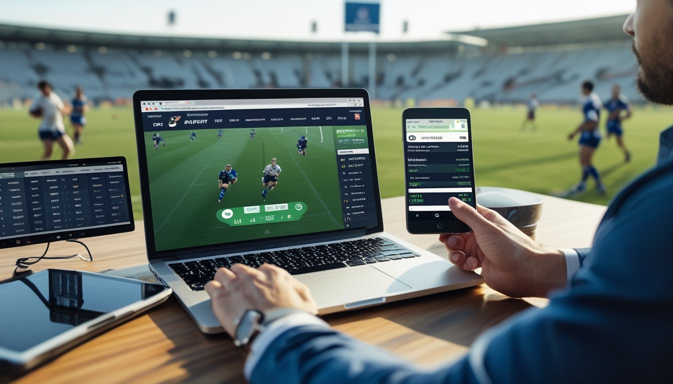 Seorang pria sedang menganalisis peluang taruhan rugby menggunakan laptop, ponsel, dan tablet dengan latar belakang stadion rugby dan pemain yang sedang bertanding.