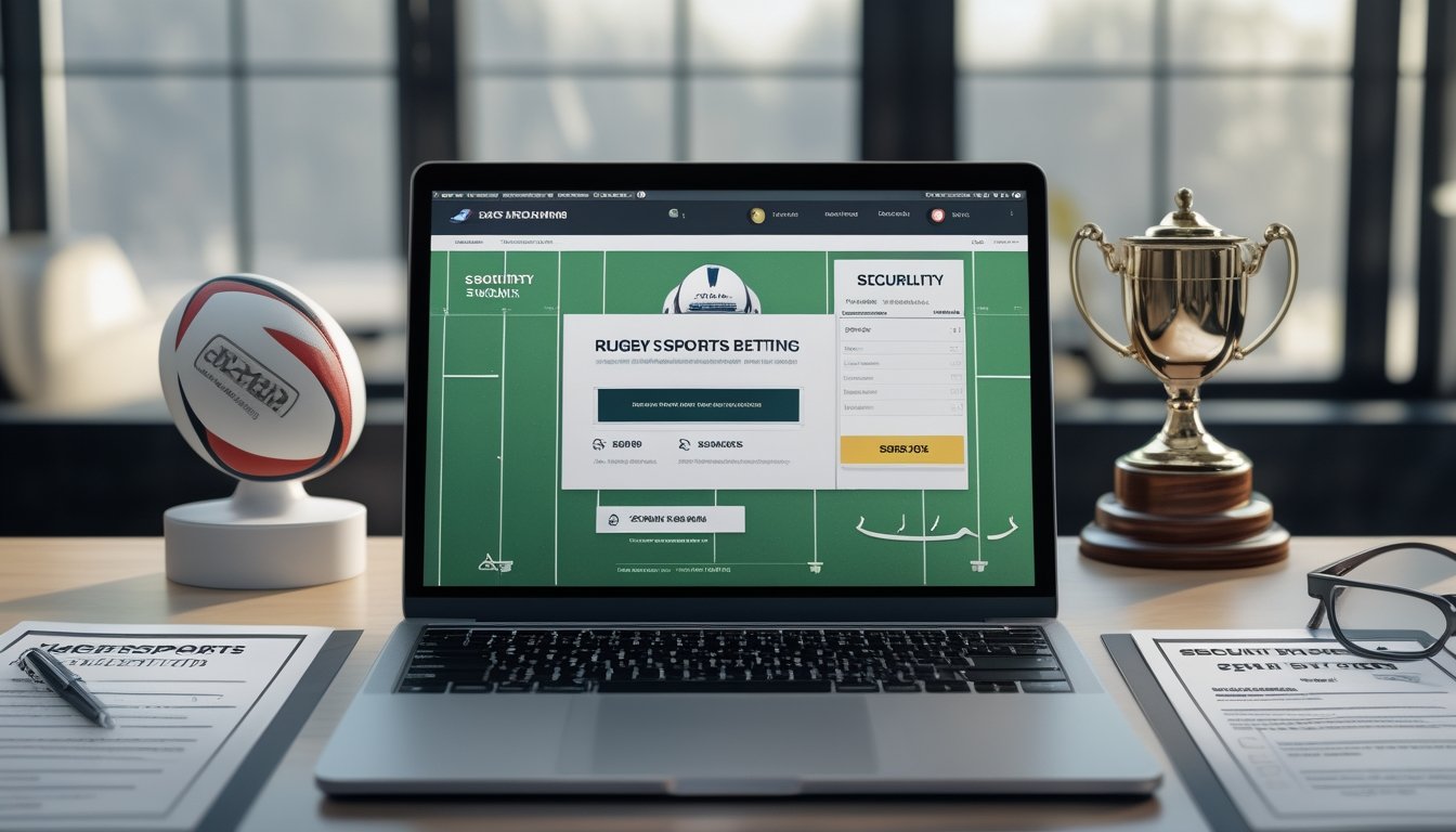 Seorang profesional bekerja di meja dengan laptop yang menampilkan situs taruhan olahraga rugby, diiringi dokumen dan alat tulis, dengan bola rugby dan trofi di latar belakang.