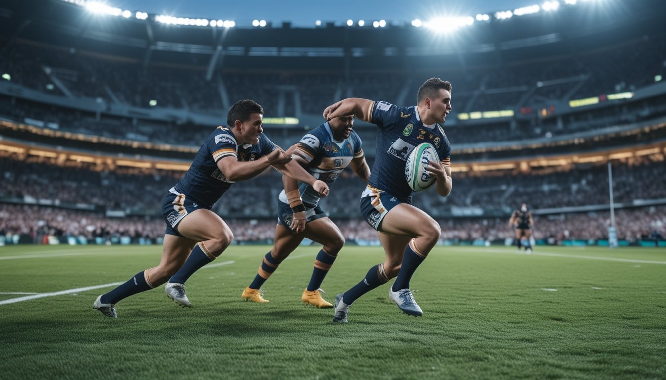 Pertandingan rugby yang intens di stadion dengan dua pemain sedang beraksi dan penonton di tribun.