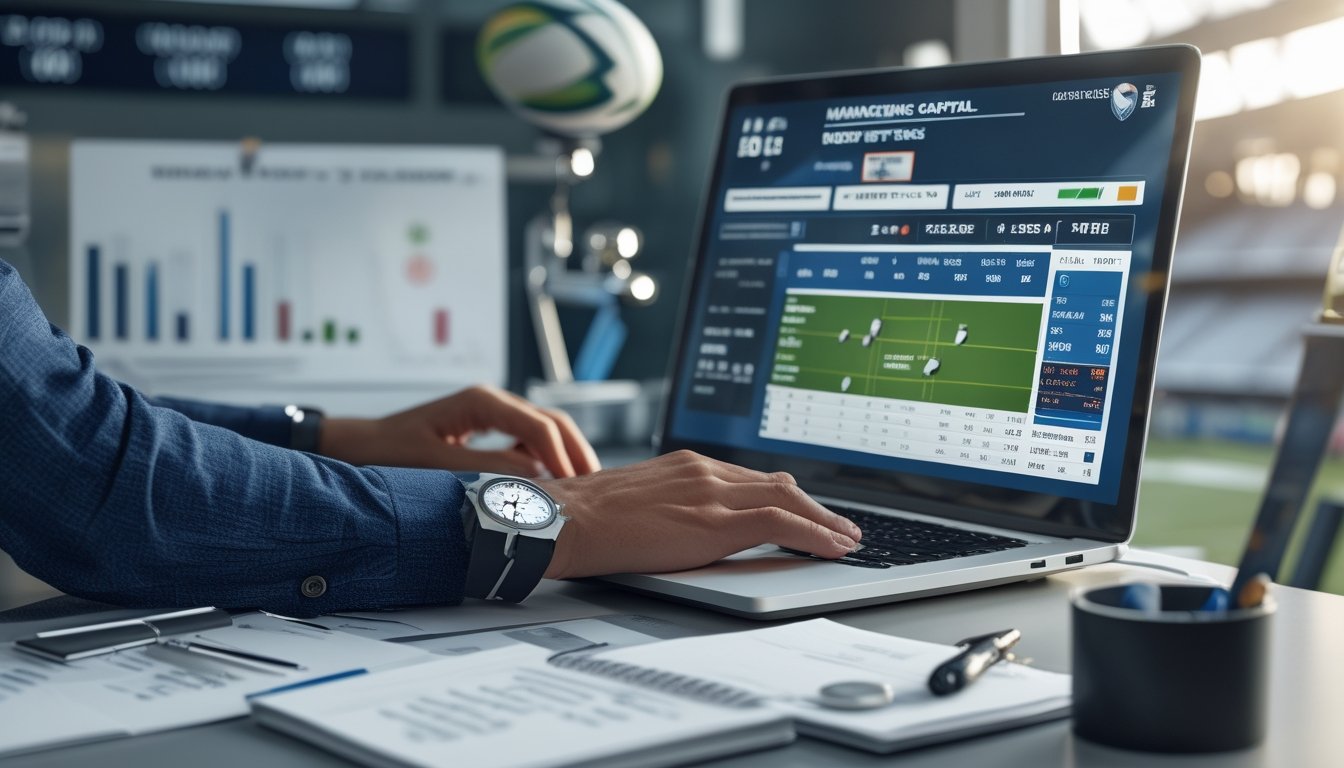 Seorang pria fokus duduk di meja dengan laptop menampilkan statistik pertandingan rugby dan elemen manajemen keuangan di sekitarnya.