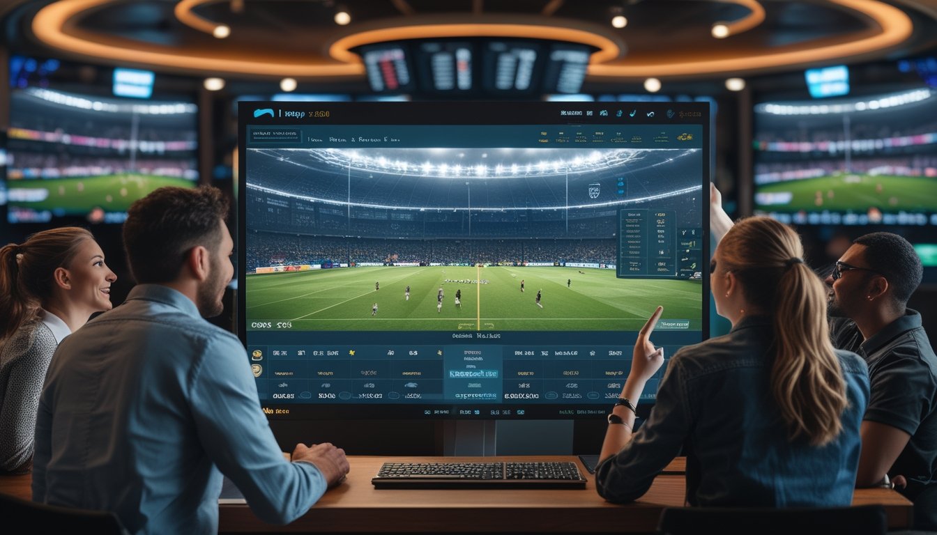 Orang-orang sedang menggunakan fitur taruhan langsung pada pertandingan rugby yang sedang berlangsung di sebuah ruang taruhan modern.