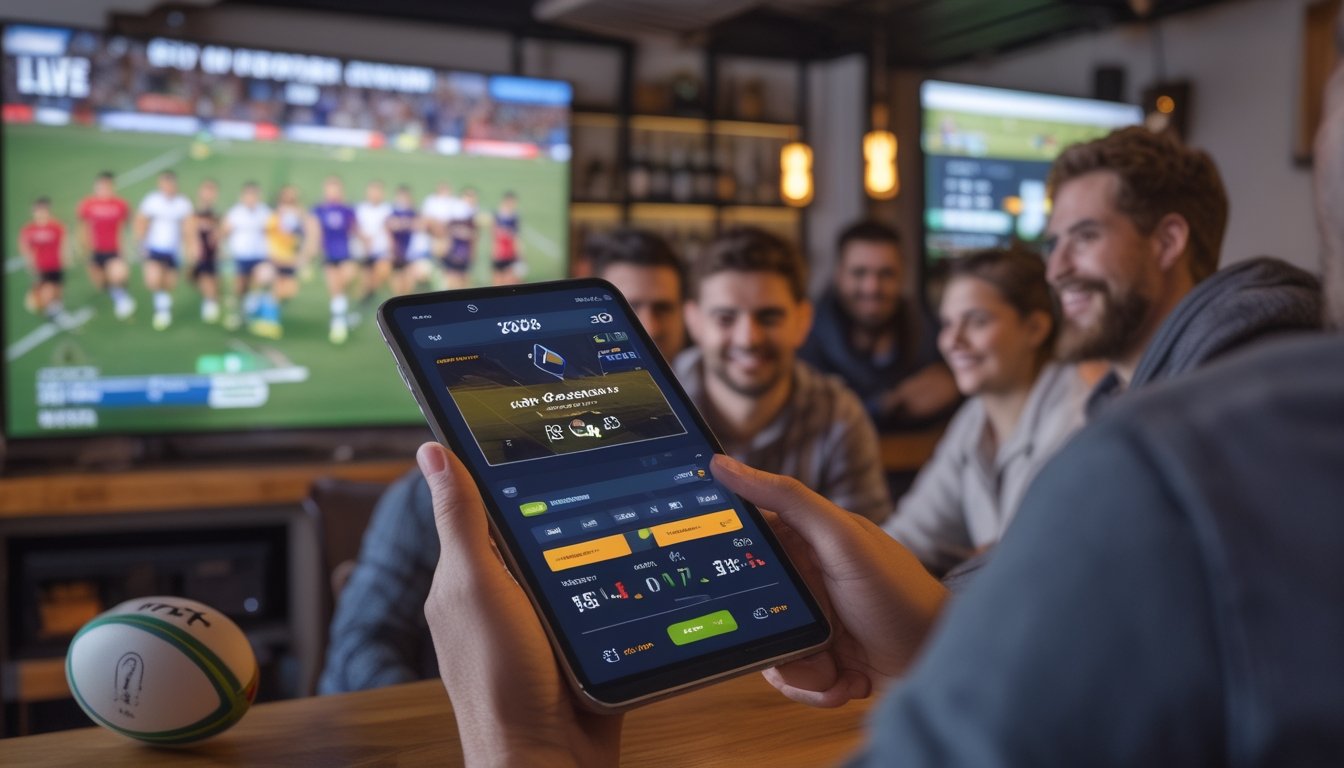 Sekelompok orang menonton pertandingan rugby secara langsung sambil menggunakan perangkat digital untuk memasang taruhan secara real-time.