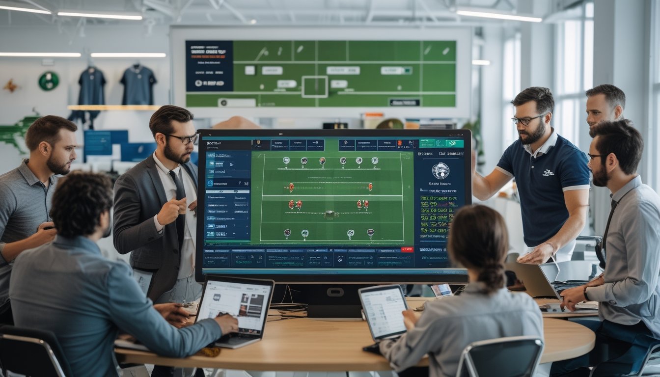 Sekelompok analis olahraga sedang berdiskusi di ruang kantor modern dengan layar digital besar yang menampilkan data dan grafik terkait pertandingan rugby.