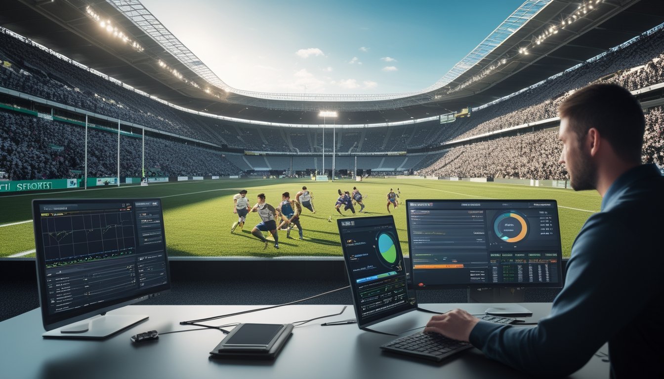 Stadion rugby dengan pemain yang sedang bertanding dan seorang analis olahraga yang melihat data di layar komputer.