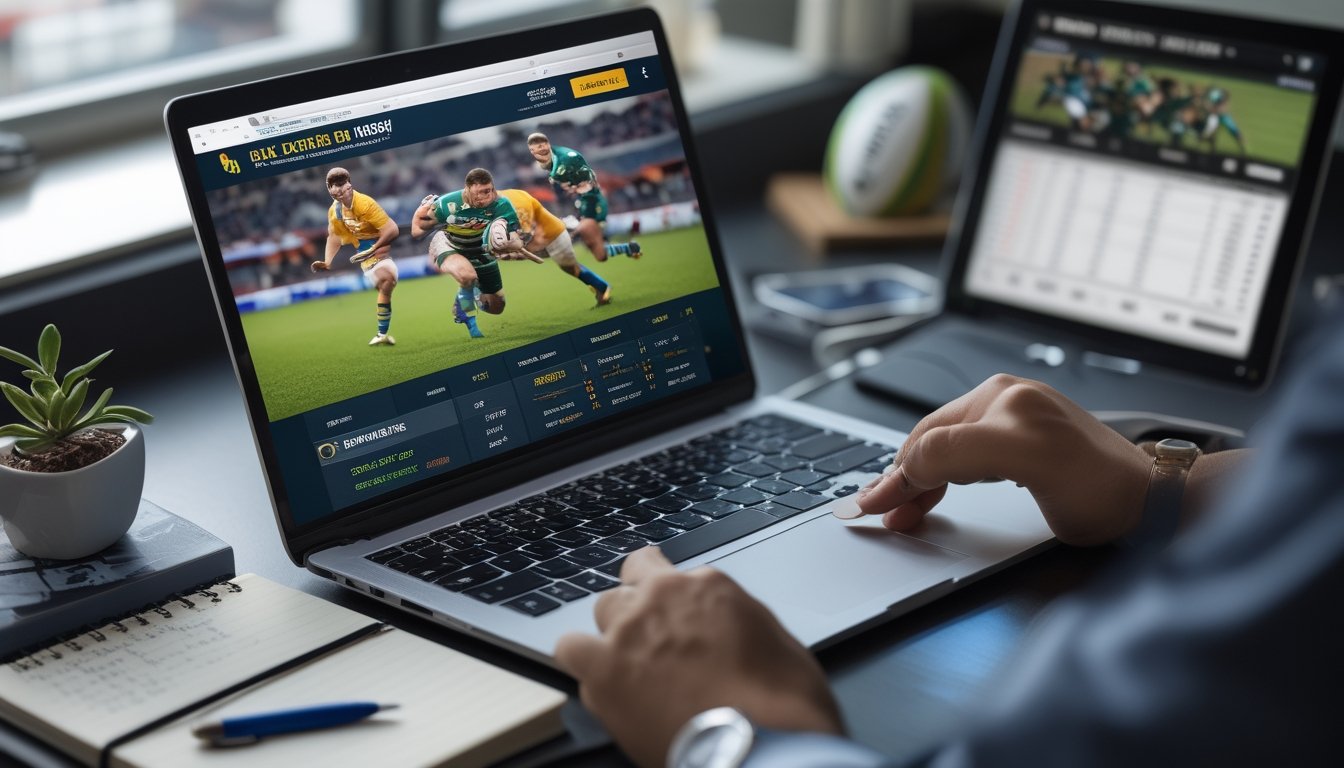 Sebuah meja kerja dengan laptop menampilkan situs taruhan rugby, buku catatan dengan tulisan tangan, dan ponsel yang memutar pertandingan rugby secara langsung.