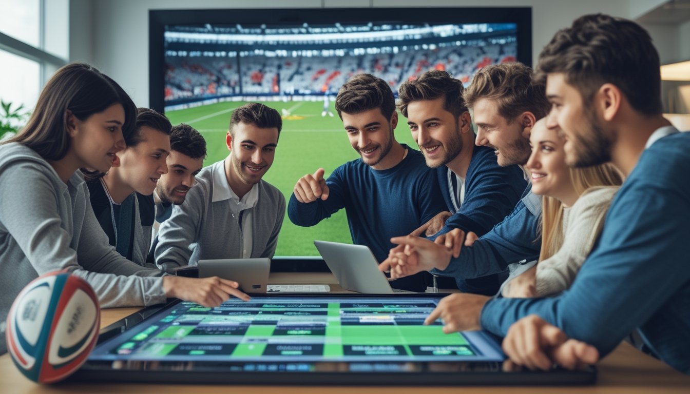 Sekelompok orang muda sedang berdiskusi dan menganalisis pertandingan rugby menggunakan layar sentuh digital di ruang modern.