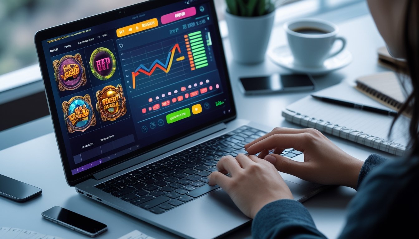 Meja kerja dengan laptop yang menampilkan grafik permainan slot online dan statistik RTP, tangan seseorang sedang menggunakan laptop, dengan smartphone dan cangkir kopi di sekitar.