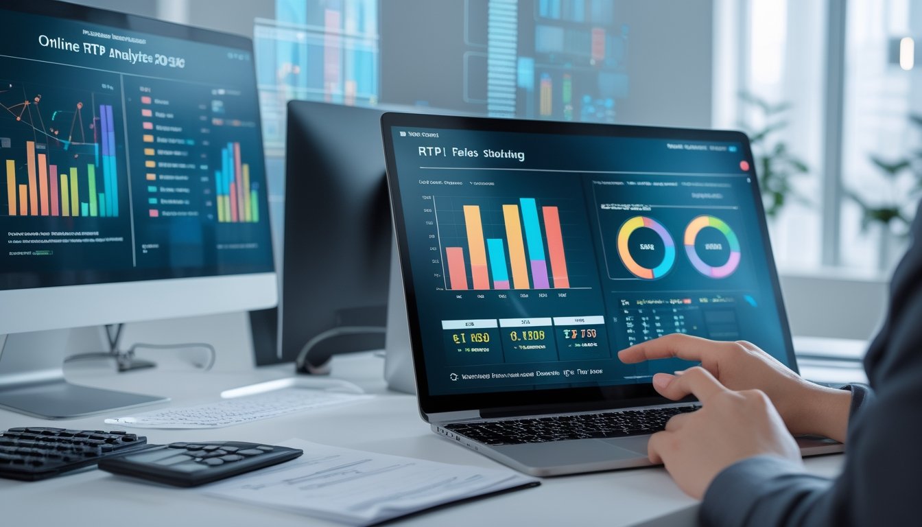 Seorang profesional sedang menganalisis data statistik RTP slot online menggunakan komputer dan laptop di ruang kantor yang terang dan modern.