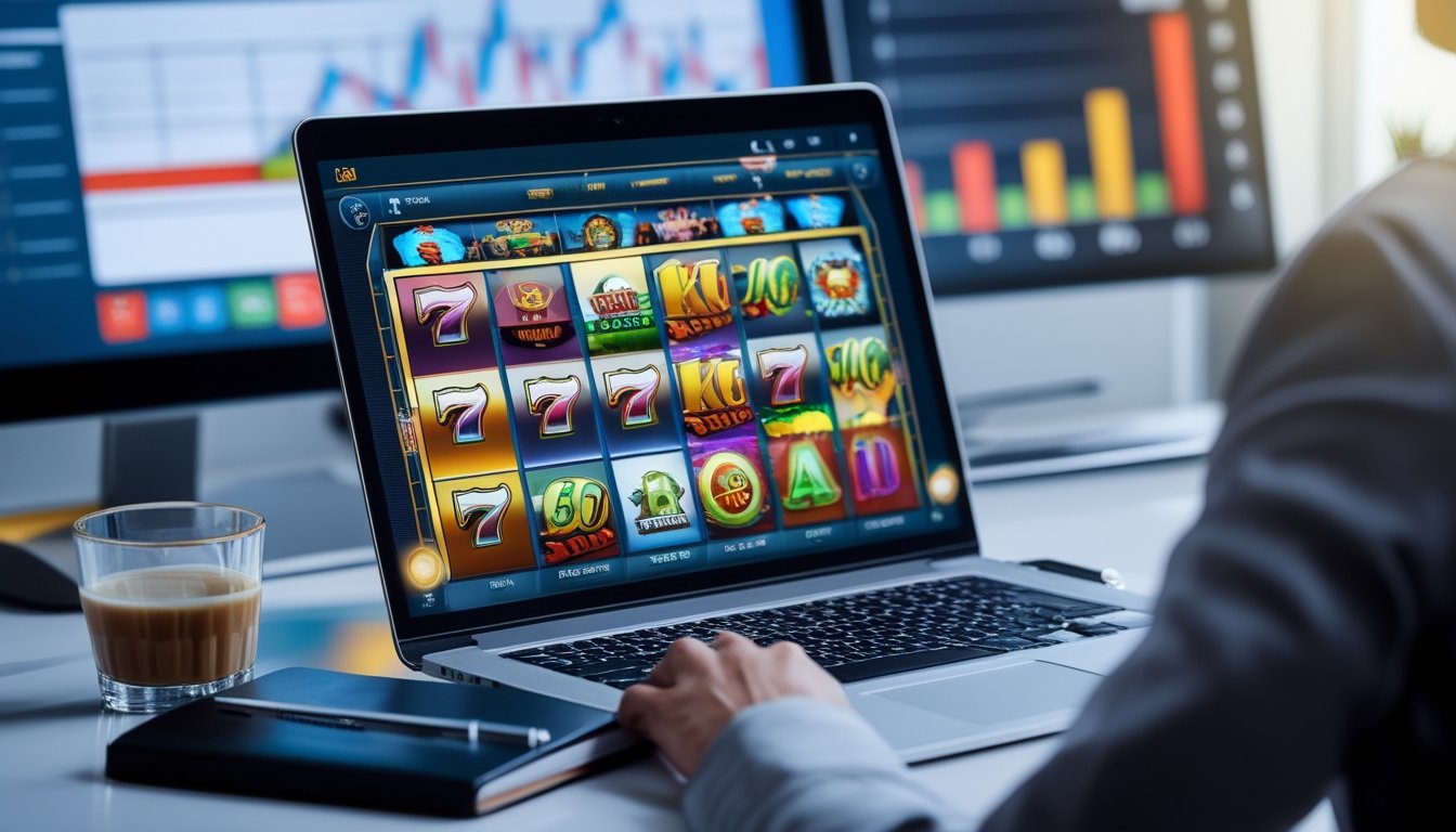 Seorang profesional sedang bekerja dengan laptop yang menampilkan permainan slot online, di meja terdapat kopi dan buku catatan, dengan grafik keuangan di latar belakang.