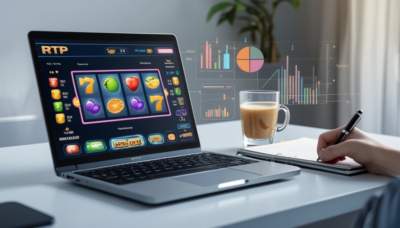 Seorang pemain sedang melihat layar komputer dengan permainan slot online dan catatan strategi di meja.