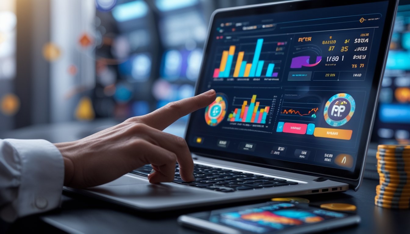 Seseorang sedang menganalisis data RTP slot online di laptop dengan smartphone menampilkan permainan slot secara langsung di meja kerja.
