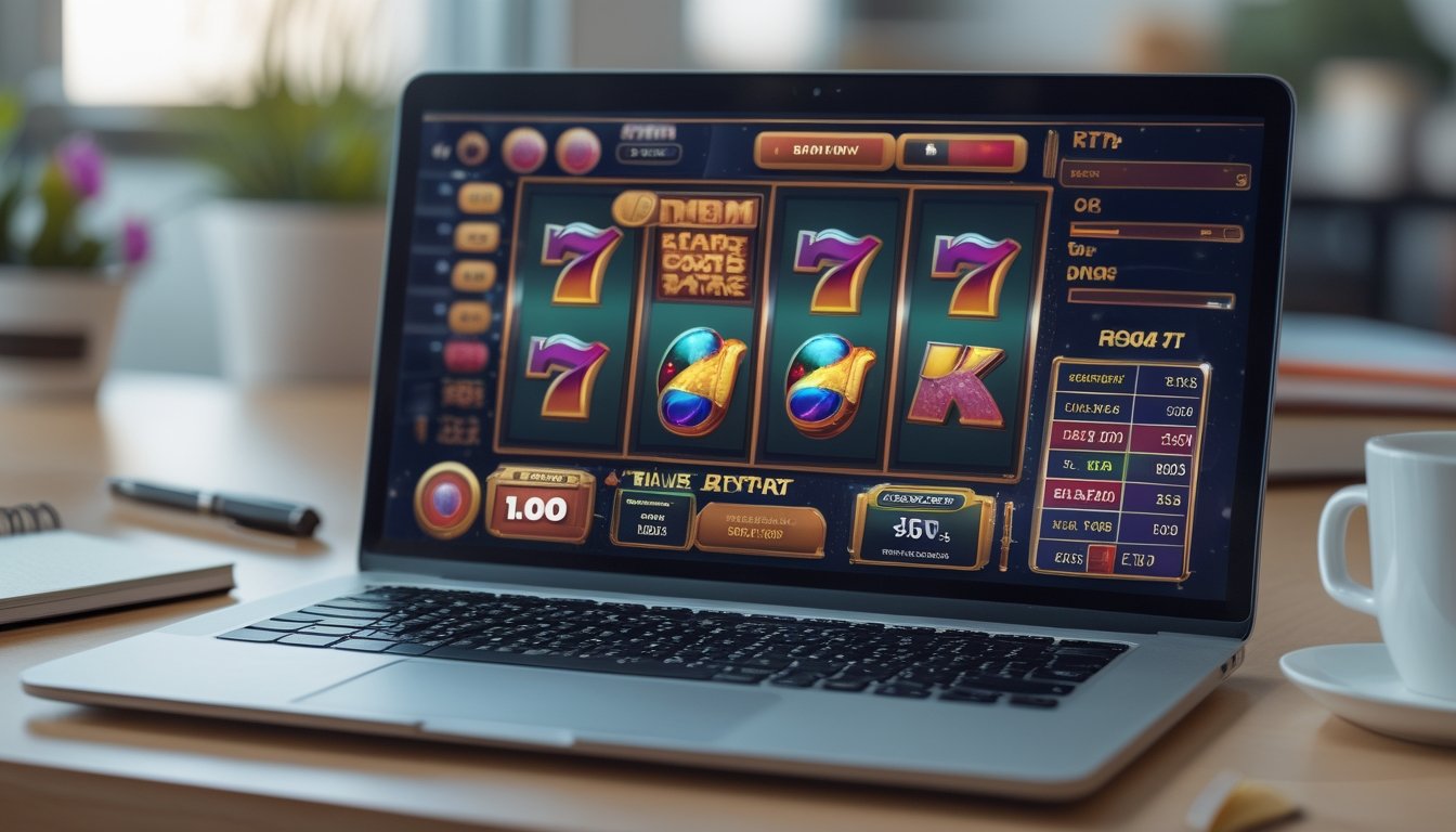 Seorang pengguna sedang melihat layar laptop dan ponsel dengan tampilan permainan slot online dan data statistik di meja kerja yang rapi.
