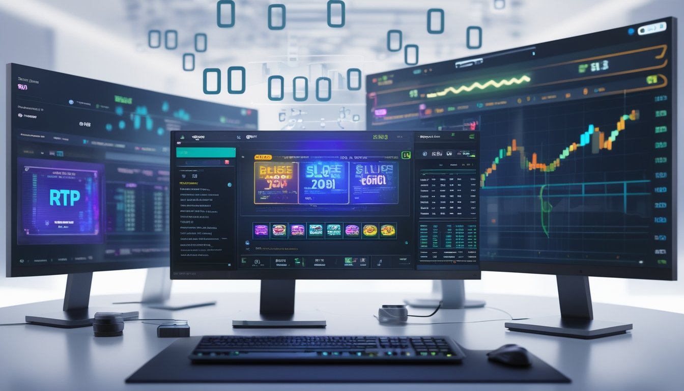 Sebuah ruang kerja modern dengan komputer dan beberapa layar menampilkan permainan slot online dan grafik data secara langsung.