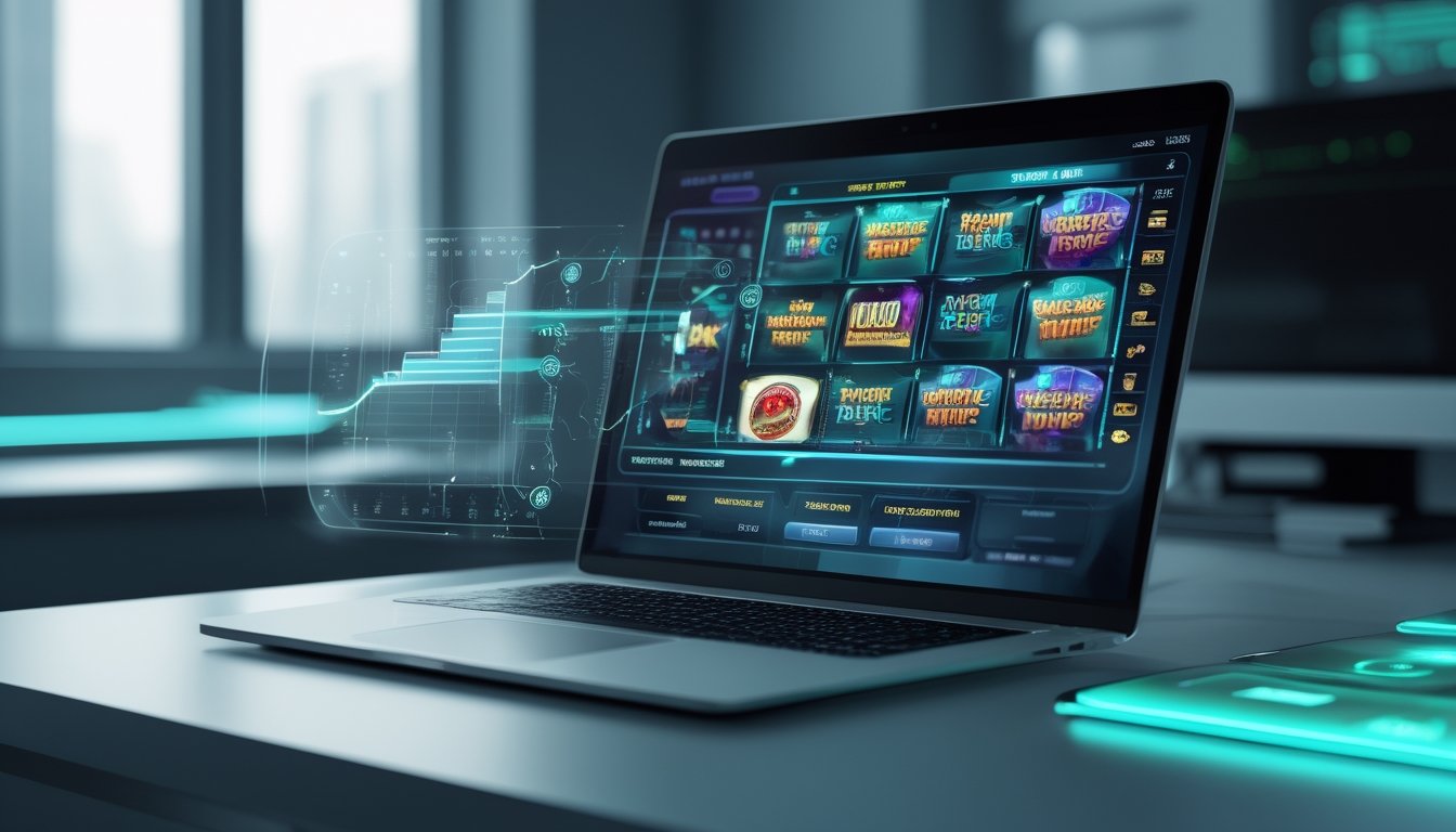 Seorang pengguna duduk di depan komputer dengan layar menampilkan permainan slot online dan grafik statistik RTP langsung, di ruang kerja modern dengan pencahayaan biru dan hijau lembut.