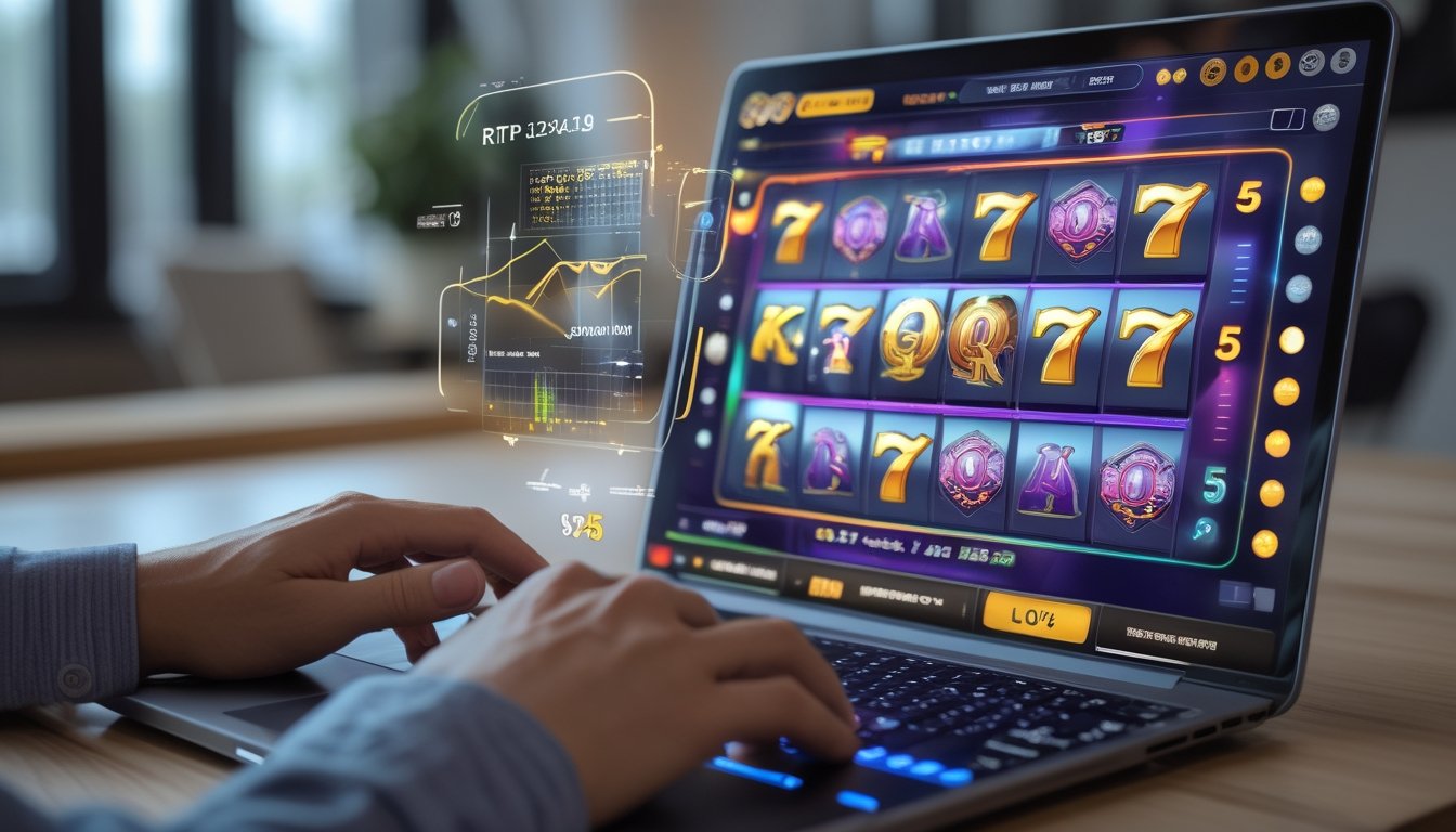 Seseorang menggunakan komputer dengan layar menampilkan permainan slot online dan grafik statistik di sekitarnya.