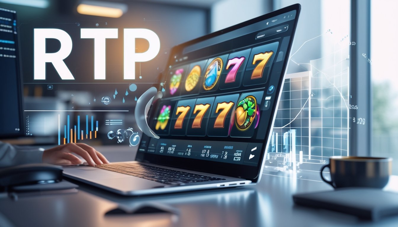 Sebuah komputer menampilkan mesin slot online dengan grafik dan simbol persentase di sekitarnya, menggambarkan konsep RTP dalam permainan slot.