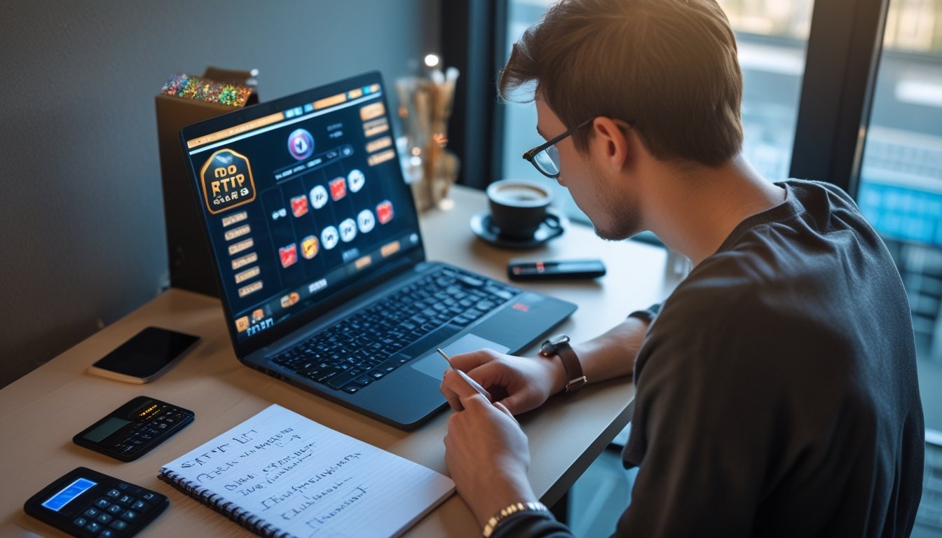Seseorang sedang menghitung RTP slot online menggunakan laptop, kalkulator, dan catatan di meja kerja.